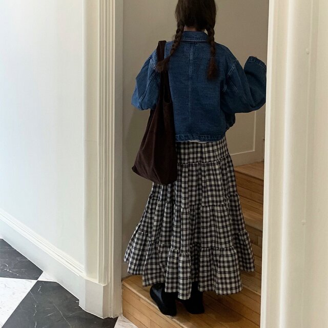 Korea Dongdaemun Fashionable and versatile plaid long skirt lace-up skirt high waist big hem skirt
