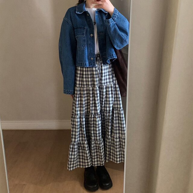 Korea Dongdaemun Fashionable and versatile plaid long skirt lace-up skirt high waist big hem skirt

