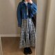 Korea Dongdaemun Fashionable and versatile plaid long skirt lace-up skirt high waist big hem skirt

