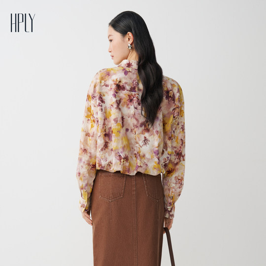 HPLY Hebili 24 autumn new women's hem tightening design short printed shirt jacket
