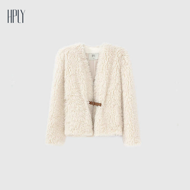 HPLY Hebili winter new style women's single buckle imitation fur vertical cut short jacket
