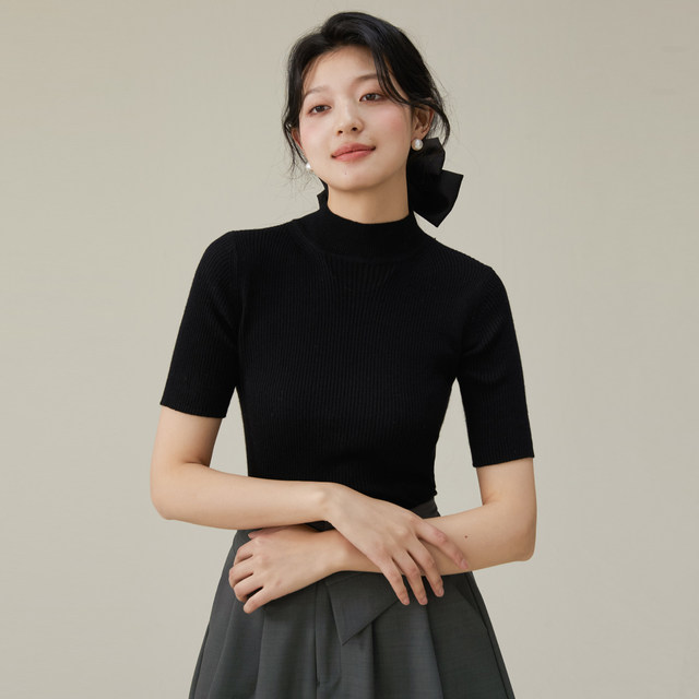 one more2025 summer half turtleneck sweater mid-sleeved women's T-shirt high-end feel bottoming top for women's clothing