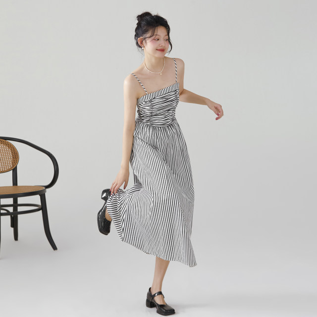 one more2025 summer new slim one-length striped suspender dress for women high-end strapless long skirt