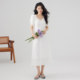 one more2025 summer short-sleeved French square collar dress for women with high-end white skirt waist-hugging vacation skirt
