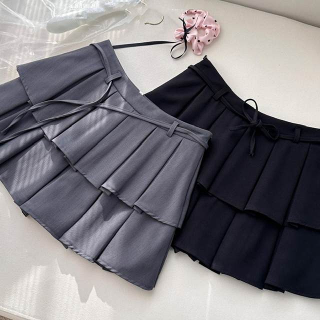 Lace-up high-waisted gray flower bud pleated skirt for women 2025 spring and autumn Korean version versatile anti-exposure A-line short skirt
