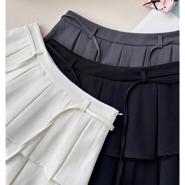 Lace-up high-waisted gray flower bud pleated skirt for women 2025 spring and autumn Korean version versatile anti-exposure A-line short skirt
