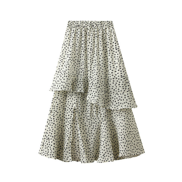 
Ruffled floral skirt for women in summer new versatile elastic waist slit long skirt cake skirt D8932