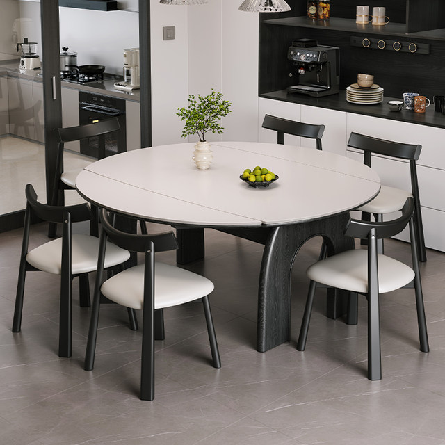 Xinbaili rock table, small household apartment, 2025 new retractable dining table, medieval style solid wood variable round table