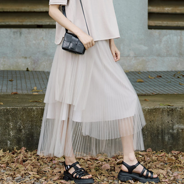2025 summer new product stacked yarn high-waisted slim skirt for women fashion versatile temperament design A-line mid-length skirt