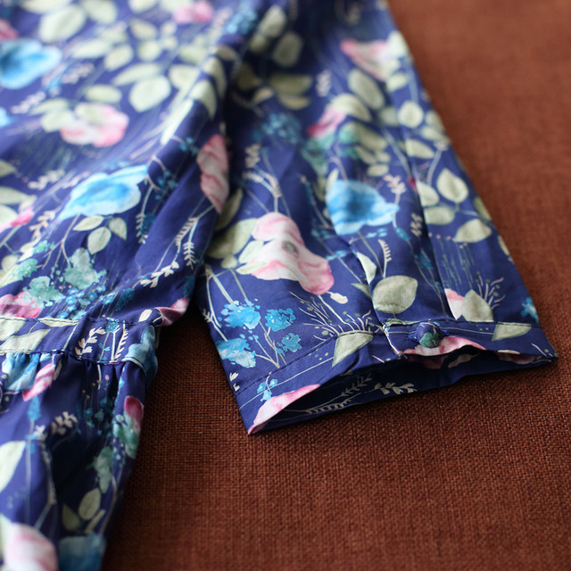 Van Gogh's new V-neck full-cotton printed floral loose large-size lace-up short-sleeved literary dress for women