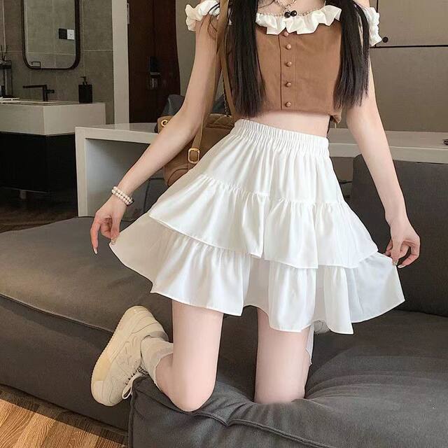 New autumn and winter versatile double-layer cake skirt for women with high waist slim short skirt for small lotus leaf skirt