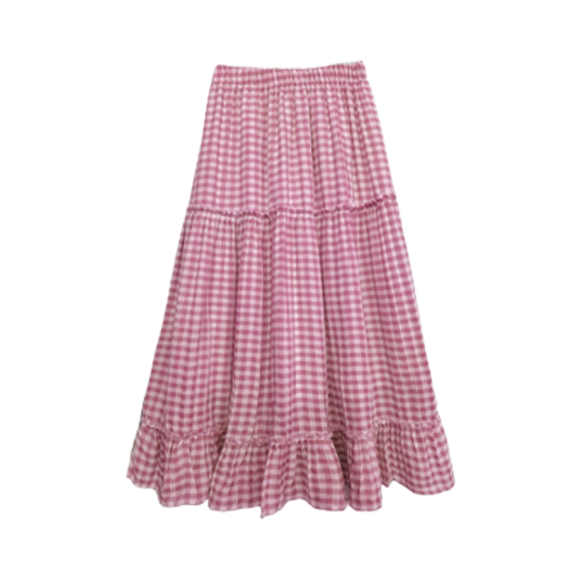 High-waisted temperament plaid cake skirt for women in summer new products black ears half-body long skirt versatile Korean design ins