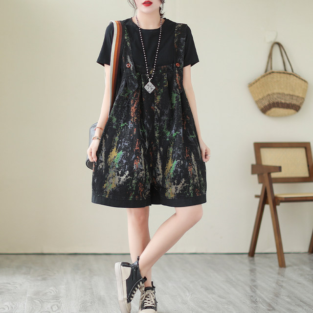 European-style printed denim strap shorts for women in summer large size fat mm fashionable age-reducing five-point wide-leg jumpsuit