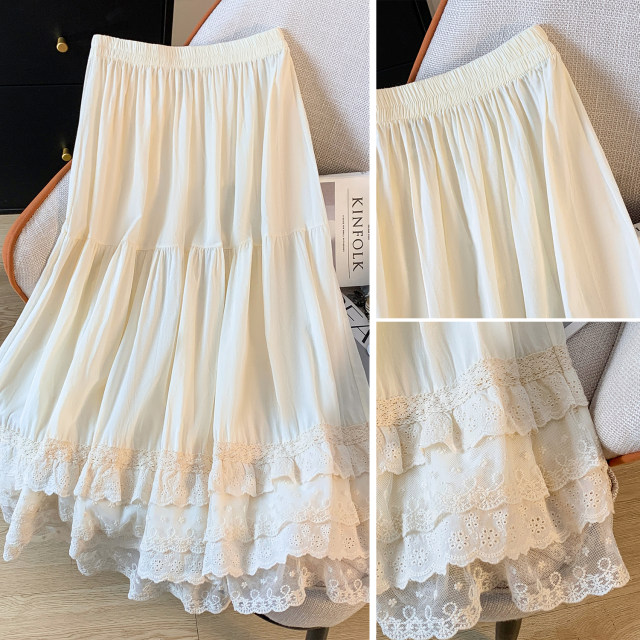 Sweet lace spliced ​​white skirt for women in spring and summer mid-length super fairy temperament A-line cake skirt