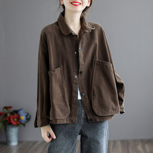 Workwear short jacket for women in autumn new large size Korean style retro all-match loose slim casual large pocket jacket trendy