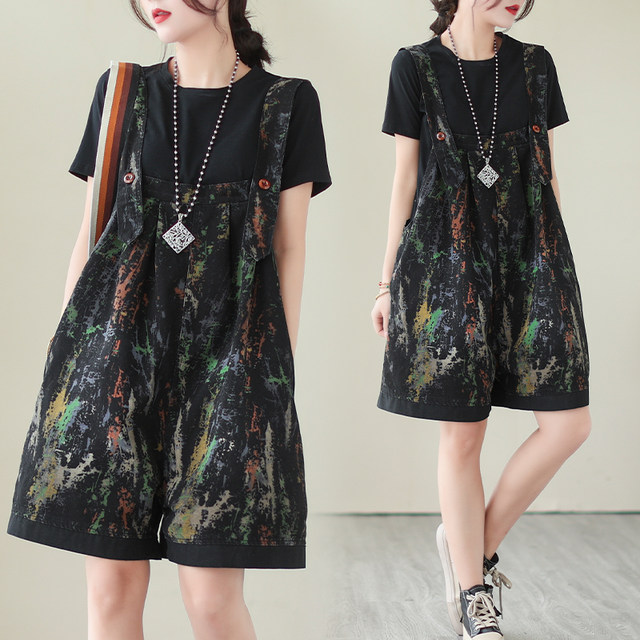 European-style printed denim strap shorts for women in summer large size fat mm fashionable age-reducing five-point wide-leg jumpsuit