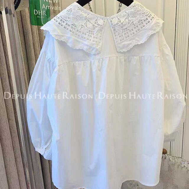 Design sense of niche large lapel lantern sleeve lace embroidered white shirt for women's spring and autumn age-reducing doll shirt for meat covering top
