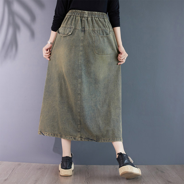 Retro -made old -fashioned embroidered denim skirt Female spring and autumn large size fat MM loose mid -long skirt covering A -line skirt
