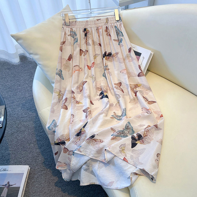 French butterfly printed cotton and linen skirt for women in summer high-end and versatile large styling a-line umbrella skirt drooping long skirt
