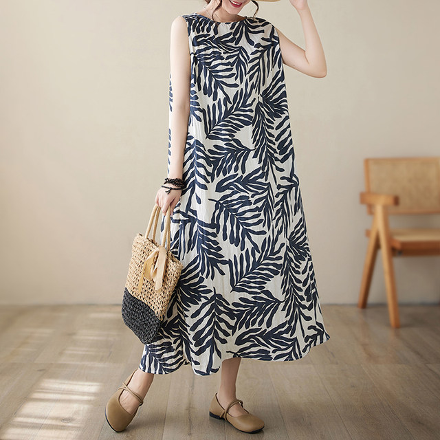 Artistic temperament cotton and linen sleeveless dress for women in summer, women's summer print loose slim linen vest vacation long skirt
