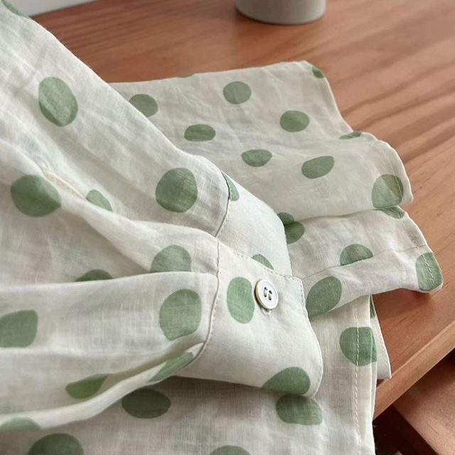 French white polka dot ramie shirt for women in spring and autumn new style literary age-reducing puff sleeves versatile shirt long-sleeved top