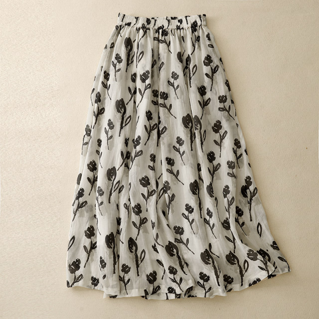 Retro printed cotton and linen skirt for women in summer thin elastic waist slimming mid-length drooping flowing a-line umbrella skirt
