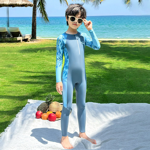 Children's swimsuits, boys, long sleeves, long trousers, one-piece quick-drying sun protection girls, middle-aged and big children's swimsuits, professional training swimsuits
