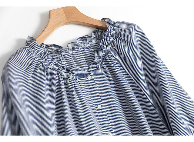 French elegant light luxury blue striped pure linen earrings stand collar drop shoulders 7-quarter sleeves literary temperament shirt top