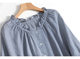 French elegant light luxury blue striped pure linen earrings stand collar drop shoulders 7-quarter sleeves literary temperament shirt top