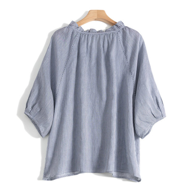 French elegant light luxury blue striped pure linen earrings stand collar drop shoulders 7-quarter sleeves literary temperament shirt top
