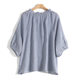 French elegant light luxury blue striped pure linen earrings stand collar drop shoulders 7-quarter sleeves literary temperament shirt top
