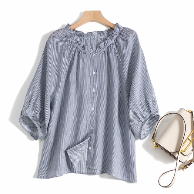 French elegant light luxury blue striped pure linen earrings stand collar drop shoulders 7-quarter sleeves literary temperament shirt top