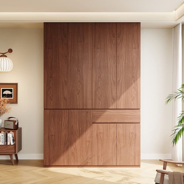 Mid-century style solid wood oak wardrobe whole house customized walnut color wardrobe bedroom mother and baby environmentally friendly silent rails