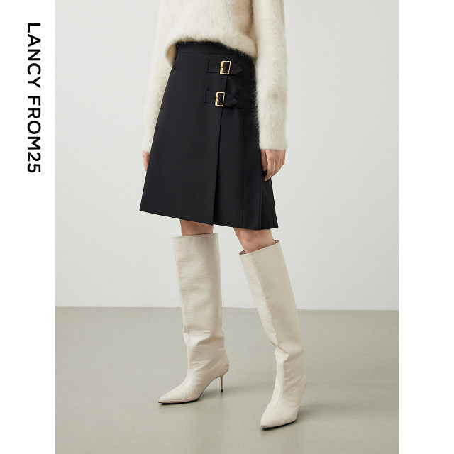 Langzi wool French design pleated retro a-line skirt women's short skirt winter new slim skirt

