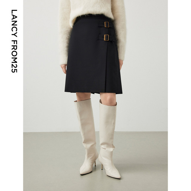 Langzi wool French design pleated retro a-line skirt women's short skirt winter new slim skirt
