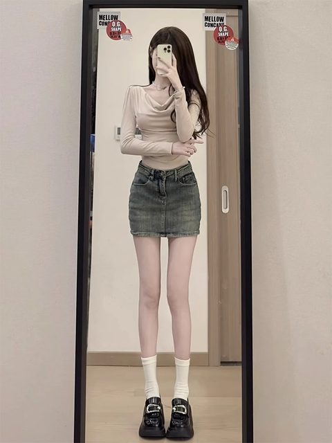 Fat mm retro old denim skirt female hot girl large size versatile high waist small hip A-line skirt summer