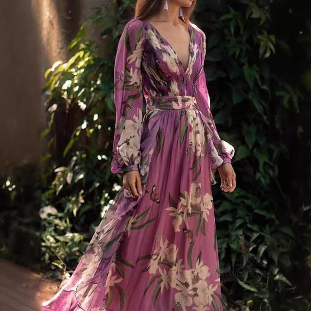 
2025 cross-border summer new style foreign trade printed women's dress Amazon V-neck long-sleeved large hem skirt for women
