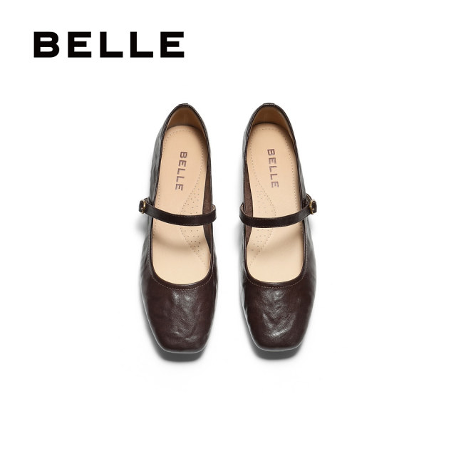 Belle women's shoes retro Mary Zhen shoes 2025 spring new sheepskin thick heel light mouth single shoes B2435AQ5
