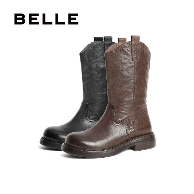 Belle Retro Western Cowboy Boots Women's Boots New Winter Genuine Leather Slim Short Boots B2395DG4