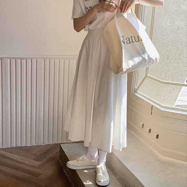 Homemade sweet Japanese white high -waisted skirt female summer French literary student work style mid -length A -line skirt