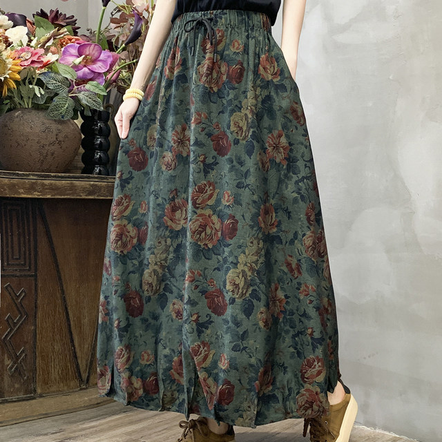 Moxia Chuxin retro literary oil painting style printed denim skirt slim A version midi dress for women