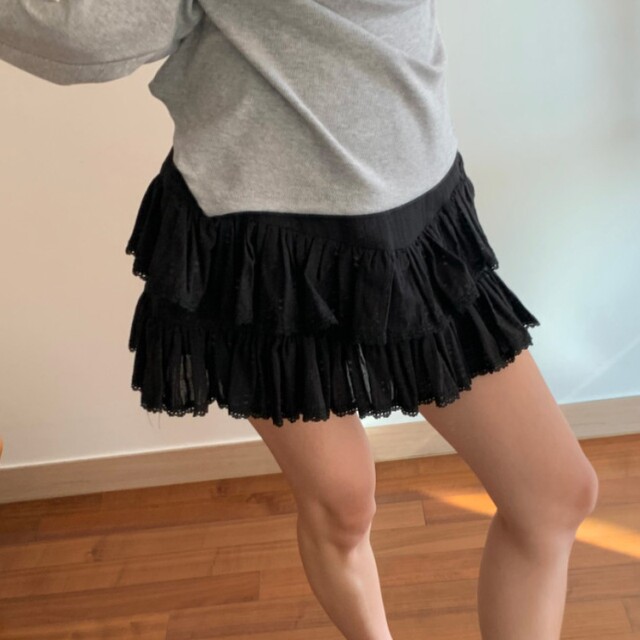 Korean chic summer ballet style ruffle cake skirt for women lace side zipper pleated anti-exposure skirt
