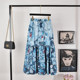 Sweet and elegant 2024 summer new style wood earrings big hem skirt printed mid-length retro beach vacation skirt
