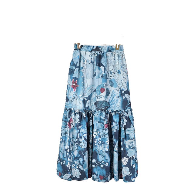Sweet and elegant 2024 summer new style wood earrings big hem skirt printed mid-length retro beach vacation skirt