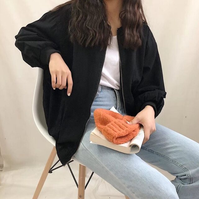 Casual loose large size fat mm black cotton baseball uniform work jacket for women in spring, autumn and winter Korean version versatile