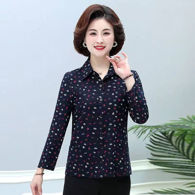 Middle-aged spring and autumn shirt women's long-sleeved fashionable floral top clothes middle-aged and elderly mothers early autumn pure cotton casual shirt