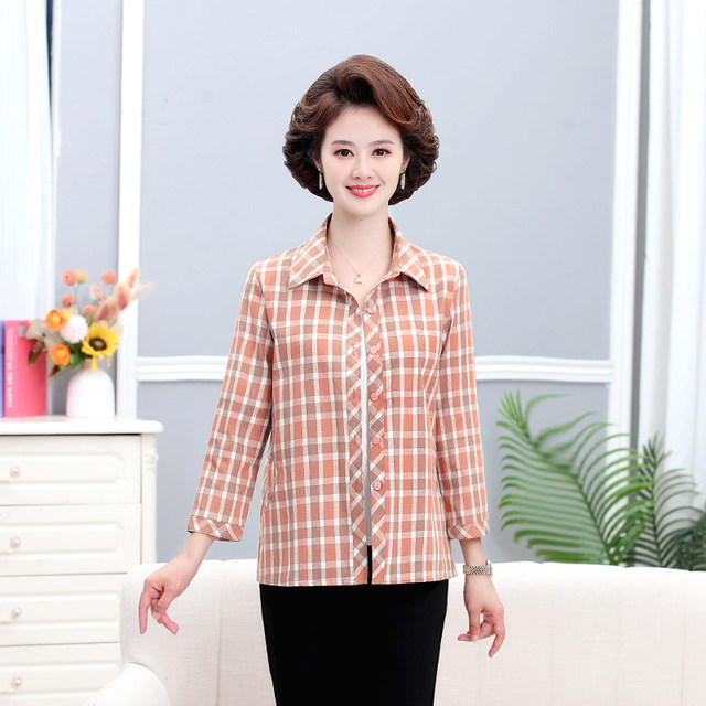 Mom Spring and Autumn Cotton Shirt New Casual Style Plaid Middle-aged and Elderly Women's Shirt 50 Cardigan Loose Top