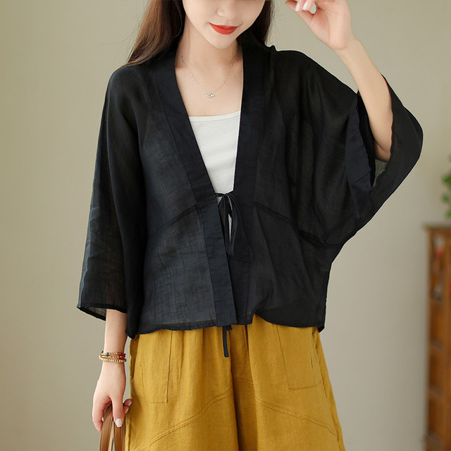 2025    22/6 small cigarettes, literary and casual high-count ramie light and breathable pullover, shoulder-length nine-quarter sleeve sunscreen short shirt