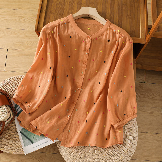 2025 summer new style fresh colorful polka dot embroidered shirt for women age-reducing temperament stand-alone collar ramie mid-sleeved shirt