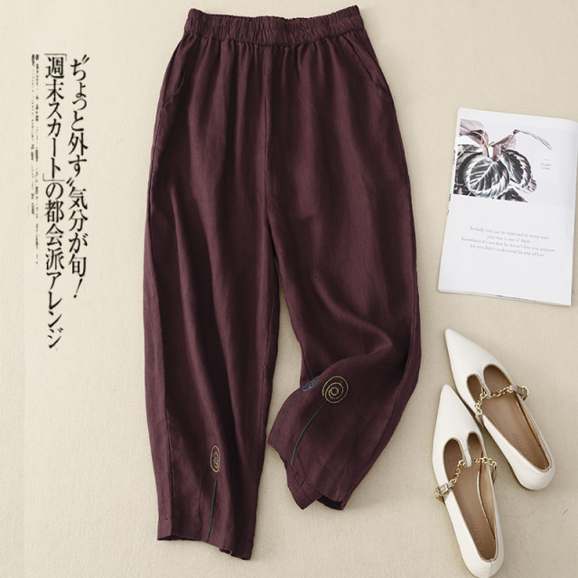 New summer 2024 solid color cotton and linen harem pants for women, slim and versatile elastic waist embroidered loose casual cropped pants